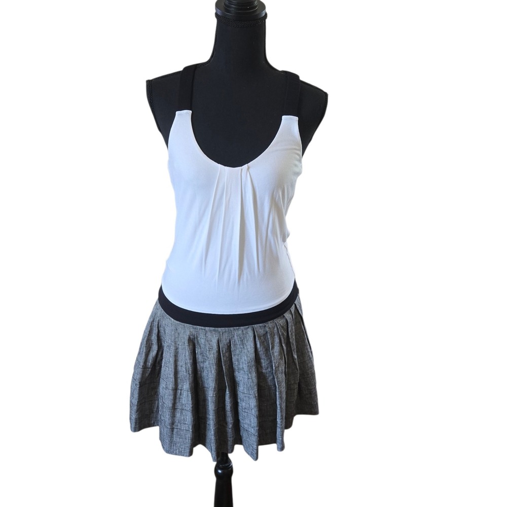 Bebe Women White Grey Pleated Mixed Media Linen Blend Mini Dress Size 6‎